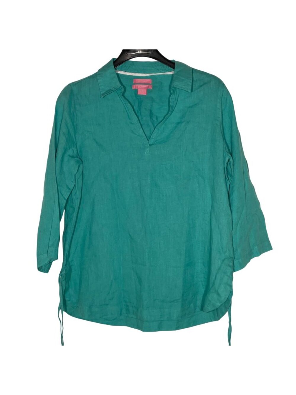 Isaac Mizrahi Linen Top Sz MED Teal Round Hem Resort Lightweight Side Ties